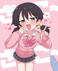 1girl absurdres black_hair blush bow bowtie cardigan collared_shirt cowboy_shot fang fish grey_skirt highres kaai_yuki lakilolom leaning_forward looking_at_penis looking_at_viewer low_twintails open_mouth pink_background pink_cardigan plaid_clothes plaid_skirt pleated_skirt pointing pointing_at_viewer raised_eyebrows school_uniform shirt short_hair short_twintails skirt smile solo standing striped_bow striped_bowtie striped_clothes tears trembling twintails vocaloid white_shirt yellow_eyes zako_(vocaloid)