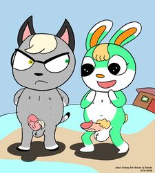 animal_crossing anthro balls blonde_hair blonde_pubes domestic_cat duo erection eyewear felid feline felis genitals glasses hair lagomorph leporid male male/male mammal mowub nintendo nude penis pubes public public_use rabbit raymond_(animal_crossing) sasha_(animal_crossing) video_games