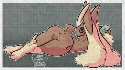 absurd_res anthro anus backpack balls big_butt butt digital_media_(artwork) electronics gaming generation_4_pokemon genitals hi_res lopunny lying male nintendo paws phone pink_eyes playing_video_game pokemon pokemon_(species) pokemon_go procreate_(artwork) scut_tail short_tail small_waist solo sparklepupfaeri tail thick_thighs wide_hips