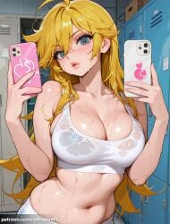 1girl ahoge ai_generated arlequin097 bare_shoulders blonde_hair blue_eyes blush breasts cellphone cleavage collarbone crop_top hair_between_eyes holding holding_phone indoors large_breasts lips locker locker_room long_hair looking_at_phone looking_at_viewer midriff navel nike_(company) pants panty_&_stocking_with_garterbelt panty_anarchy parted_lips patreon_username phone pink_lips see-through selfie smartphone solo sports_bra sportswear stomach sweat sweaty_clothes upper_body wet wet_clothes wet_shirt white_pants white_sports_bra