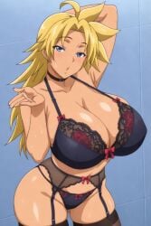 1girl ai_generated blonde_hair blowing_kiss blue_eyes cleavage energy_kyouka!! gyaru large_breasts lingerie long_hair looking_at_viewer posing seductive_look shiraishi_kyouka solo tanned_skin thighs