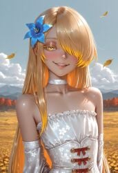 1boy ai_generated arms_down asymmetrical_bangs autumn autumn_leaves blonde_eyelashes blonde_hair blush blushing bodice borrowed_character choker civitai clouds collarbone detached_sleeves eyeshadow femboy flat_chest flower_hair_ornament flower_in_hair flower_pattern flower_print flowers_in_background golden_eyes hair_highlights hair_over_one_eye highlights light-skinned_male light_skin long_hair lucien_(basedbinkie) otoko_no_ko otokonoko outdoors smile solo solo_male wedding_dress