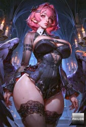 1girls ai_generated black_dress black_thighhighs black_wings bow breasts candle cleavage cowboy_shot dress feathered_wings hair_between_eyes hair_ornament hairclip indoors large_breasts lips long_sleeves looking_at_viewer parted_lips philon pink_eyes pink_hair pointy_ears remielle_dan short_hair solo stable_diffusion thick_thighs thighhighs thighs wings zenless_zone_zero