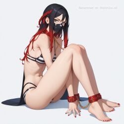 1girl adult ai_assisted ai_generated barefoot beautiful blond blue_eyes collar full_body gold_chain green_eyes hair_down hands_between_legs hex_girls illustration knees_apart latex_mask leash_in_mouth looking_at_viewer looking_over_shoulder naked no_background nude on_knees red_collar red_nail_polish seductive_face sexually_suggestive sexy_pose short_girl showing_ass sitting_on_ground slender_body small_boobs solo thigh_cuffs view_from_behind white_background
