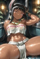 1girl abs ai_generated ass_visible_from_the_front black_hair blunt_bangs boku_no_hero_academia bracelet character_fusion chel chel_(the_road_to_el_dorado) civitai earrings fusion fusion_character jewelry large_breasts leaning_back long_hair midriff mirko muscular_female pelvic_curtain pussy_visible_through_clothes rabbit_ears rumi_usagiyama solo solo_female spread_legs tanned_female tanned_skin the_road_to_el_dorado thick_thighs tubetop wet wet_clothes wet_clothing
