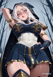 1futa ai_generated arm_behind_head arm_up armlet armor artist_name ashe_(league_of_legends) bare_tree blue_eyes blue_gloves blush breasts bulge cape covered_penis covered_testicles erection_under_clothes fingerless_gloves from_below futanari futarush gloves hand_on_own_hip hood hood_up hooded_cape large_breasts league_of_legends league_of_legends:_wild_rift lips long_hair looking_at_viewer outdoors patreon patreon_username pleated_skirt riot_games shoulder_armor skirt snow snowing solo sultryspark thighhighs tree white_hair