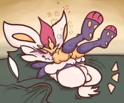 anus balls bed bed_sheet bedding bubble butt cinderace drunk fur furniture furry furry_only generation_8_pokemon genitals glistening glistening_body glistening_butt glistening_fur humanoid_genitalia humanoid_penis kyaban lagomorph leporid male mammal nintendo penis pillow pokemon pokemon_(species) rabbit rabbit_ears scut_tail short_tail solo substance_intoxication tail