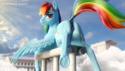 2022 3d 3d_(artwork) animal_genitalia animal_pussy anus clopician cloud crotchboobs cutie_mark detailed_background equid equine eyebrows feathered_wings feathers female feral friendship_is_magic genitals hasbro hi_res hooves horsepussy looking_at_viewer mammal my_little_pony outside pegasus purple_eyes pussy rainbow_dash_(mlp) solo underhoof wings