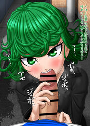 biting censored drillmole eye_contact first_person_view fringe glans_biting green_eyes green_hair medium_hair one-punch_man oral penis penis_biting pov seductive_mouth tatsumaki