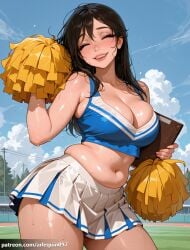 1girl ai_generated arlequin097 bare_shoulders belly black_hair blue_shirt blue_sky blush breasts cheerleader cleavage closed_eyes cloud crop_top day disney facing_viewer holding holding_pom_poms jane_porter large_breasts lips long_hair midriff miniskirt navel outdoors patreon_username pleated_skirt plump pom_pom_(cheerleading) shirt skirt sky smile solo stomach sweat tarzan_(1999_film) thick_thighs thighs white_skirt