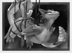anthro arms_tied arms_tied_behind_back balls bdsm bodily_fluids bondage bound digital_media_(artwork) erection fangs feet fingers genital_fluids genitals hands_behind_back humanoid_genitalia humanoid_penis leaking_precum legs_tied looking_at_viewer male monochrome nude penis precum reptile rope scalie serpentine simple_background smile snake solo spectrumshift suspension suspension_bondage tail teeth toes