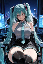 1girl ai_assisted ai_generated aqua_eyes aqua_hair bare_shoulders black_legwear black_skirt blue_eyes blush boots breasts curvaceous curvy curvy_female curvy_figure detached_sleeves female hair_between_eyes hatsune_miku headset large_breasts long_hair looking_at_viewer miyuai monitor necktie night night_sky number_tattoo pleated_skirt shoulder_tattoo sitting skirt sky sleeveless smile solo star_(sky) starry_sky symbol-shaped_pupils tattoo thick thick_ass thick_butt thick_hips thick_legs thick_thighs thigh_boots thighhighs thighs twintails very_long_hair vocaloid voluptuous voluptuous_female wide_hips wide_thighs zettai_ryouiki