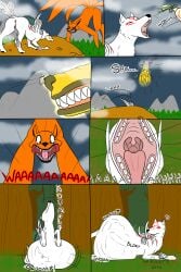 2016 amaterasu_(okami) animal_genitalia animal_vulva anus balls canid canine canine_genitalia canine_vulva canis capcom comic duo english_text feral fox fur genitals hi_res kurama mammal markings multi_tail naruto okami_(capcom) orange_body orange_fur red_markings sheath shrinking size_difference size_transformation tail tairedfox teeth text tongue tongue_out transformation uvula vore vulva white_body white_fur wolf