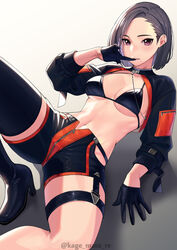 1girls bangs bikini black_bikini black_footwear black_gloves black_jacket black_shorts blush breasts cleavage cropped_jacket female gloves grey_hair highres jacket kagematsuri long_sleeves looking_at_viewer mole mole_under_mouth navel original pink_eyes shorts shrug_(clothing) single_thigh_boot swimsuit thigh_boots thighs zipper