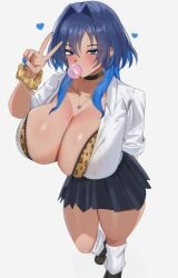 1girls arm_at_side big_breasts blowing_bubblegum blue_eyes blue_hair blush blushing bra bra_visible breasts bubblegum button_down_shirt chewing_gum choker clavicle cleavage clothed clothed_female clothing collared_shirt exposed_cleavage eye_shadow eyebrows eyebrows_visible_through_hair female footwear gum gyaru hair_intakes hair_vents heart_necklace hearts hearts_around_head hololive hololive_english hololive_english_-council- hololive_english_-promise- huge_breasts large_breasts leg_warmers legs_together legwarmers leopard_print leopard_print_bra light-skinned_female light_skin long_nails looking_at_viewer makeup mascara medium_hair necklace ouro_kronii painted_nails peace_sign pierced_ears posing school_uniform schoolgirl scrunchie shirt_open shirt_unbuttoned shoes short_skirt short_sleeves simple_background skirt solo solo_focus standing sweat sweatdrop sweating thick_thighs thighs uniform virtual_youtuber white_background wristband yobi_(ybpac18)