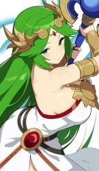 1girl ass ass_peek big_breasts breasts closed_mouth commentary_request dress green_eyes green_hair holding holding_staff kid_icarus kid_icarus_uprising large_breasts long_hair looking_at_viewer mituyota_76 nintendo palutena simple_background solo staff white_background white_dress