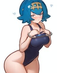 angry artist_request big_ass big_thighs blue_hair bondage chains handcuffs lana_(pokemon) looking_at_viewer pokemon swimsuit tagme thick_thighs tied_up white_background