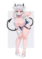 1girls alternate_version_available big_breasts blush breasts breasts_bigger_than_head cleavage collarbone demon_girl demon_horns demon_tail eyebrows eyebrows_visible_through_hair eyelashes facing_viewer female female_focus female_only gloves heart heart-shaped_pupils hearts_around_head helluva_boss high_heels horns huge_breasts junii-owl large_breasts leaning_forward licking_lips long_hair looking_at_viewer modeus_(helltaker) red_eyes shirt shorts simple_background solo solo_female solo_focus tail white_background white_hair