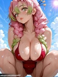 1girl ai_generated arlequin097 artist_name bare_shoulders beach bikini blue_sky blush braid breasts cleavage closed_mouth cloud collarbone covered_navel day demon_slayer feet_out_of_frame gradient_hair green_eyes green_hair hair_between_eyes hair_ornament hair_stick kanroji_mitsuri large_breasts lips long_hair looking_at_viewer mitsuri_kanroji mole mole_under_eye multicolored_hair multiple_moles outdoors patreon_username pink_hair pink_lips red_bikini sky solo squatting sun sunlight swimsuit thighs tri_braids twin_braids two-tone_hair wet