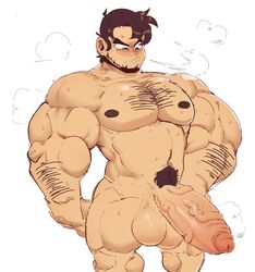 1boy akachionmain balls bara beowulf_(skullgirls) big_balls big_penis gay hairy male male_only muscles muscular musk penis skullgirls solo solo_male sweaty veiny_penis