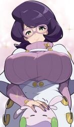1girl big_breasts big_hair breasts buttons capelet commentary_request curvy game_freak glasses goomy green_eyes high-waist_skirt large_breasts long_sleeves mature_female medium_skirt milf mituyota_76 nintendo pencil_skirt pink-framed_eyewear pink_sweater pokemon pokemon_(creature) pokemon_sm pokemon_sun_and_moon purple_hair raised_eyebrows ribbed_sweater short_hair skirt slug smile sweater turtleneck turtleneck_sweater white_capelet white_skirt wicke_(pokemon)