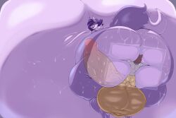 absurd_res anthro balls big_balls big_breasts big_butt big_penis bodily_fluids bottomwear bottomwear_down breasts brown_hair butt butt_smother canid canine canis clothed clothing dipstick_tail duo erection female genitals hair hi_res huge_balls huge_breasts huge_butt huge_hips huge_penis huge_thighs hyper hyper_balls hyper_breasts hyper_butt hyper_genitalia hyper_hips hyper_penis hyper_thighs larger_female male male/female mammal markings nude partially_clothed penis purple_body purple_eyes purple_hair redmoon83 shirt shorts shorts_down sitting sitting_on_another size_difference smaller_male smothering sweat sweaty_breasts sweaty_butt tail tail_markings tan_body thick_thighs tina_(jaeh) topwear wide_hips wolf