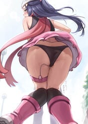 ass beanie black_hair black_legwear black_shirt blush boots brown_panties dawn_(pokemon) day female floating_hair floating_scarf from_below grey_eyes hat highres kneehighs knees_together_feet_apart long_hair looking_back outdoors padoruu panties pantyshot pink_footwear pink_skirt pokemon pokemon_(game) pokemon_dppt pussy_juice raised_eyebrows red_scarf scarf shirt skirt sleeveless sleeveless_shirt solo sweat thigh_strap thighs translation_request underwear upskirt vibrator vibrator_in_thigh_strap white_headwear