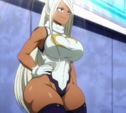 1girl anime_screencap dark_skin gloves large_breasts leotard long_hair miruko muscular my_hero_academia photoshop rabbit_ears rabbit_girl red_eyes silver_hair solo thick_thighs thighhighs third-party_edit usagiyama_rumi
