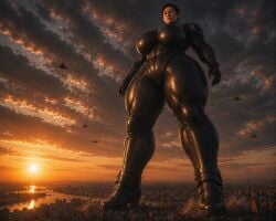 ai_generated armored_boots armored_female black_hair cityscape giant_female giga_giantess light-skinned_female macro micro_city oc titaness