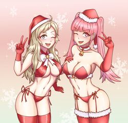 2girls ;d alternate_costume bangs bare_shoulders bell bell_collar blonde_hair breasts christmas christmas_outfit cleavage clothed clothing elbow_gloves female female_only fire_emblem fire_emblem:_three_houses fire_emblem_fates garter_straps gloves grey_eyes hat hayato_stuff hilda_valentine_goneril large_breasts long_hair multiple_girls nintendo one_eye_closed open_mouth ophelia_(fire_emblem) panties pink_eyes pink_hair red_panties smile thighhighs twintails v wink