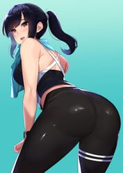 1girls ass bangs bare_shoulders black_hair black_pants blue_background blush breasts brown_eyes eyebrows_visible_through_hair female from_behind highres kagematsuri lips long_hair looking_at_viewer looking_back medium_breasts open_mouth original original_character paag pantylines ponytail shiny shiny_clothes shiny_hair shiny_skin sidelocks sleeveless solo spandex tied_hair towel towel_around_neck watch wristwatch yoga_pants