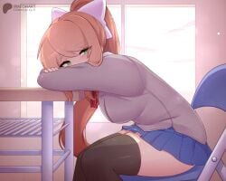 1girl big_bow big_breasts blue_skirt boobs bow breasts coral_brown_hair female female_focus green_eyes long_hair lying_on_desk monika_(doki_doki_literature_club) raionart short_skirt slight_blush socks staring_at_viewer thick_thighs thighhighs thighs uniform uniform_female