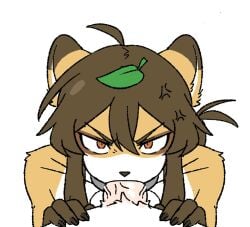 2026 4_fingers ahoge angry anthro barkbark505 brown_body brown_ear_tips brown_fur brown_hair canid canine collar colored countershade_face countershade_torso countershading cross-popping_vein digital_drawing_(artwork) digital_media_(artwork) dipstick_ears duo ear_markings eye_markings fellatio female fingers first_person_view fur furrowed_eyebrows genitals gloves_(marking) hair hair_bun leaf leaf_on_head looking_at_viewer male male_pov mammal markings messy_hair multicolored_body multicolored_ears multicolored_fur nude nuki_(barkbark505) offscreen_male oral orange_body orange_fur penile penis raccoon_dog red_eyes sex simple_background tanuki vein veiny_penis white_background white_body white_fur