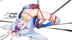 1girl absurdres blue_dress blue_eyes blue_hair breasts collarbone commentary_request dress highres looking_at_viewer mardamo nipples nude onmyoji_arena pointy_ears senhime_(onmyoji) shibari small_breasts solo stomach suspension tail