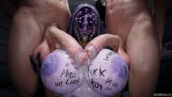 1girl 1girls 2boys big_balls big_penis bimbo cum_on_breasts cum_on_face cum_on_helmet cumshot fake_breasts guidugalle guimontag helmet huge_breasts huge_cock mass_effect quarian tali'zorah_nar_rayya threesome veiny_penis writing_on_body writing_on_breasts