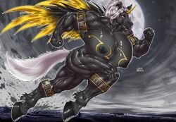 absurd_res anthro big_breasts black_body black_nipples breasts equid equine feathered_wings feathers female hair herm_(lore) hi_res hooves horn horse horse_tail huge_breasts huge_filesize hyper hyper_breasts looking_at_viewer mammal markings moon muscular muscular_anthro muscular_female mythological_creature mythological_equine mythology nipples olexa_vrane ponytail running sky solo tail takizakiiiarts unicorn unicorn_horn white_hair white_tail winged_unicorn wings yellow_eyes
