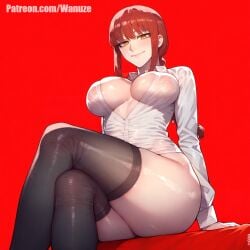 ai_generated big_ass big_breasts big_butt big_thighs black_thighhighs blush chainsaw_man huge_ass huge_butt huge_thighs makima_(chainsaw_man) no_bra no_panties red_background see-through see-through_clothing simple_background wanuze white_shirt wide_hips