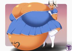 1girls alternate_breast_size artist_name belly bloated_belly blush breasts breasts_bigger_than_torso buta_no_gotoki_sanzoku_ni_torawarete_shojo_o_ubawareru_kyonyuu_himekishi_&_onna_senshi:_zettai_chinpo_nanka_ni_maketari_shinai!!_the_animation dark-skinned_female dark_skin dress female female_focus gigantic_belly gigantic_breasts helga_(buta_no_gotoki) high_heels horns hyper hyper_belly hyper_breasts hyper_pregnancy pregnant pregnant_female ready_to_pop red_eyes round_belly standing stomach_tattoo tattoo thick_thighs thighhighs thighs timaeus white_hair