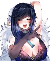 1female 2d 2d_(artwork) armpit beauty_mark big_breasts blush dark_blue_hair dress drooling female genshin_impact gloves green_eyes kurenaiz1 light-skinned_female light_skin open_mouth sexually_suggestive simple_background sweat sweating white_background yelan_(genshin_impact)