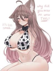 1girls animal_ears arms_crossed arraveri_(artist) arraveri_(vtuber) belly_button black_panties blush breasts brown_hair cow_print english_text eyebrows_visible_through_hair female female_only fox_ears fox_girl fox_tail huge_breasts indie_virtual_youtuber light-skinned_female light_skin like_and_retweet like_icon looking_at_viewer panties pink_eyes pink_nails retweet_icon solo tail text virtual_youtuber