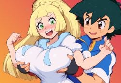 1boy ai_generated breast_grab breasts female green_eyes huge_breasts lillie_(pokemon) muscular_male novelai pokemon pokemon_(anime) pokemon_journeys pokemon_sm satoshi_(pokemon) straight