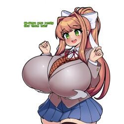 1girls 1other alternate_breast_size breast_grab disembodied_hands doki_doki_literature_club english_text gigantic_breasts grabbing_breasts grabbing_from_behind grope groping_breasts huge_breasts massive_breasts monika_(doki_doki_literature_club) school_uniform simple_background solo_focus somnipheromone text