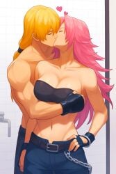 1boy 1girls 2:3 ai_generated bathroom belt big_breasts blonde_hair breasts busty capcom chain chains cleavage criminal crossover crossover_kiss curvy_figure female fighting_game final_fight hair_tie handsome handsome_man heart hero hetero indoors jeans jnbu king_of_fighters kiss_from_behind kissing large_breasts long_hair male man midriff muscular muscular_male navel pink_hair poison_(final_fight) poison_kiss ponytail sexy snk straight street_fighter terry_bogard topless topless_male video_game_character young_woman