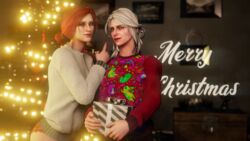 2girls 3d 4k blender christmas christmas_clothing christmas_outfit christmas_sweater christmas_tree ciri female female_only ginger_hair hi_res highres merry_christmas presents red_hair sweater the_witcher_(series) the_witcher_3:_wild_hunt triss_merigold white_hair youngiesed