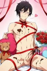 1boy ai_generated black_hair bouquet chocolate chocolate_heart chocolate_on_body chocolate_on_penis glasses green_eyes idolmaster idolmaster_side-m iseya_shiki looking_at_viewer male male_focus male_only nude nude_male pink_glasses plagion rope solo solo_male teddy_bear the_idolm@ster valentine's_day