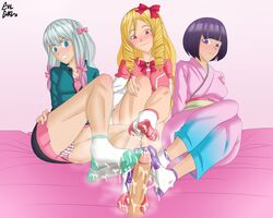 1boy 2021 3girls bed blonde_hair blue_eyes blush elf elf_ears elf_female eromanga_sensei evilgirl feet female female_focus foot_fetish foot_focus footjob fringe fringe_hair izumi_sagiri long_hair penis pink_background pointy_ears purple_hair red_eyes ribbon ribbons senju_muramasa short_hair silver_hair simple_background sitting sitting_on_bed yamada_elf yellow_hair