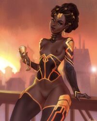 1girls arcane areolae black_female dark-skinned_female dark_skin female female_only league_of_legends looking_at_viewer mavezar mel_medarda nipple_piercing nipples piercing pussy riot_games small_breasts solo solo_female thighhighs third-party_edit