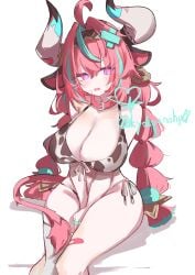 bandaged_leg blue_hair collar cow_ears cow_girl cow_tail cowgirl headband headband_with_horns multicolored_hair pink_hair purple_eyes varesa_(genshin_impact)