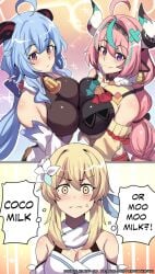 3girls artist_name ass big_ass big_breasts big_thighs blonde_hair blue_hair blush bodysuit breasts breasts_bigger_than_head butt cocogoat cowbell cute dialogue embarrassed female female_focus female_only fully_clothed ganyu_(genshin_impact) genshin_impact heels horns huge_breasts long_hair lumine_(genshin_impact) nervous nervous_smile on_bed pantyhose pink_hair princesshinghoi purple_eyes simple_background tagme text thick_hips thick_thighs thighs varesa_(genshin_impact) watermark yellow_eyes