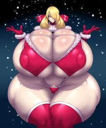 1girls 2021 absurd_res alternate_breast_size bangs ber00 big_breasts bikini bimbo blonde_hair breasts busty child_bearing_hips christmas christmas_outfit curvaceous curvy cynthia_(pokemon) erect_nipples exhibitionism female female_only gigantic_breasts grey_eyes hair_over_one_eye highres huge_ass huge_breasts human human_only hyper hyper_breasts hyper_thighs large_breasts looking_at_viewer massive_breasts milf mostly_nude pokemon pokemon_dppt red_gloves red_stockings skimpy_clothes smile snow solo thick thick_ass thick_thighs thong voluptuous wide_hips